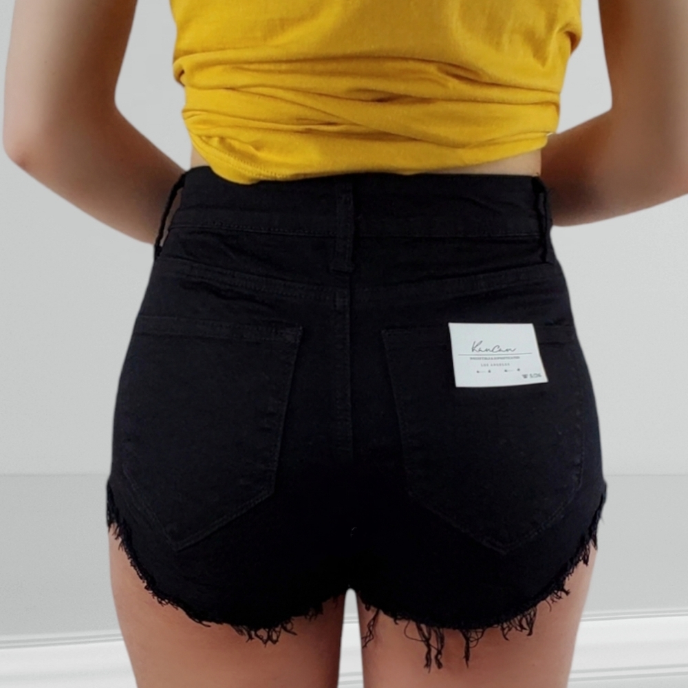 KanCan Black Freyed High Waisted denim short multiple sizes. Snug fitting